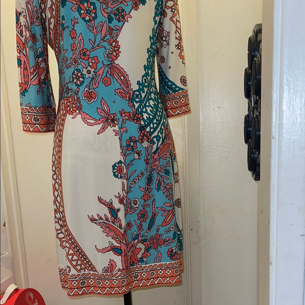 Donna Morgan Abstract Floral Print Pastel Blue Red Sheath Dress - Picture 5 of 5